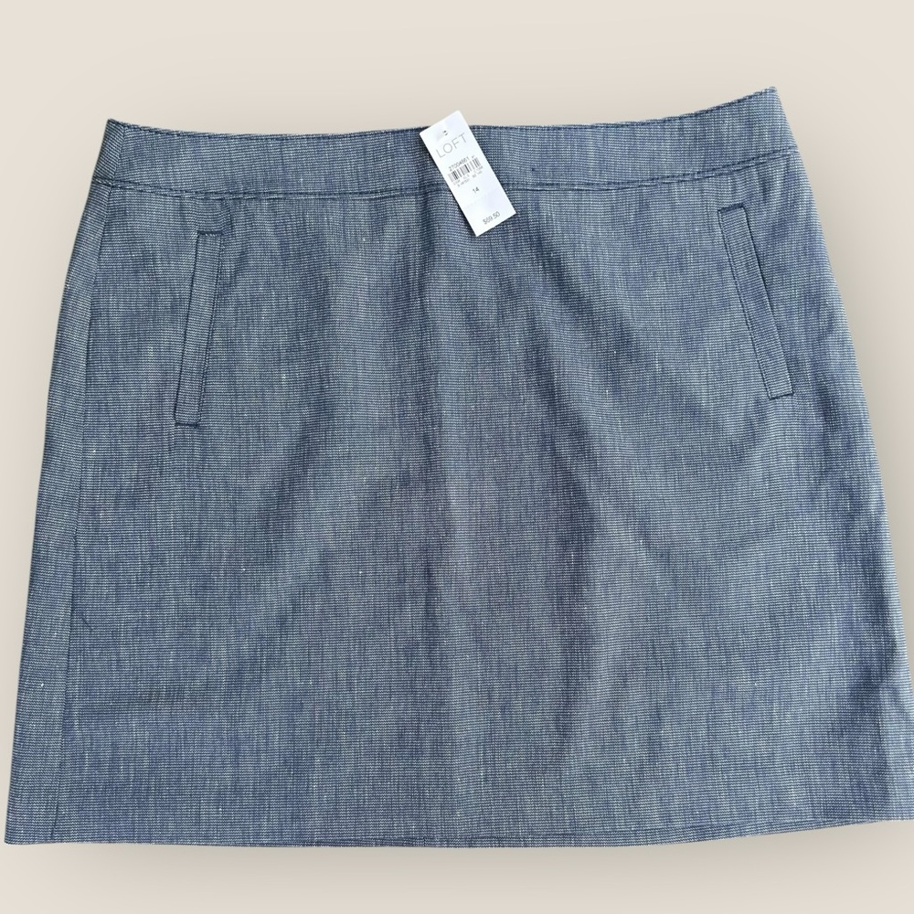 NWT LOFT Chambray Linen Blend Skirt Size 14 | Blue White Textured A-Line